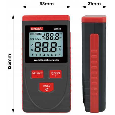 WILGOTNOŚCIOMIERZ DO DREWNA BEZINWAZYJNY WT630 WILGOTNOŚCIOMIERZ DO DREWNA BEZINWAZYJNY WT630